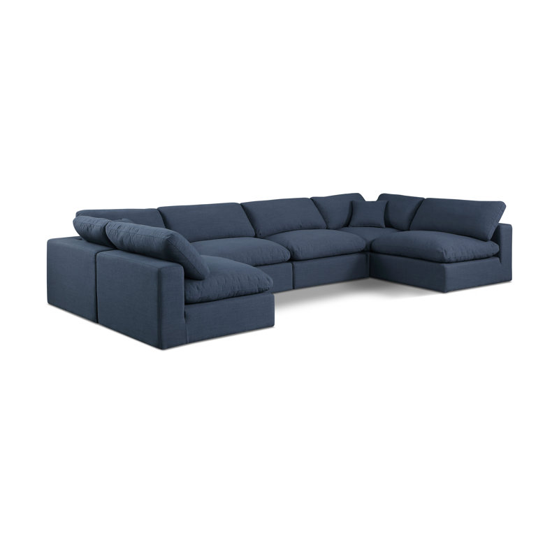 Canapé modulaire 6 pièces rembourré, Tissu texturé en lin bleu marine