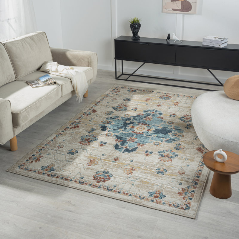 Tapis bleu / ivoire Evelyn Performance, Rectangle 5 pi 3 po x 7 pi 6 po