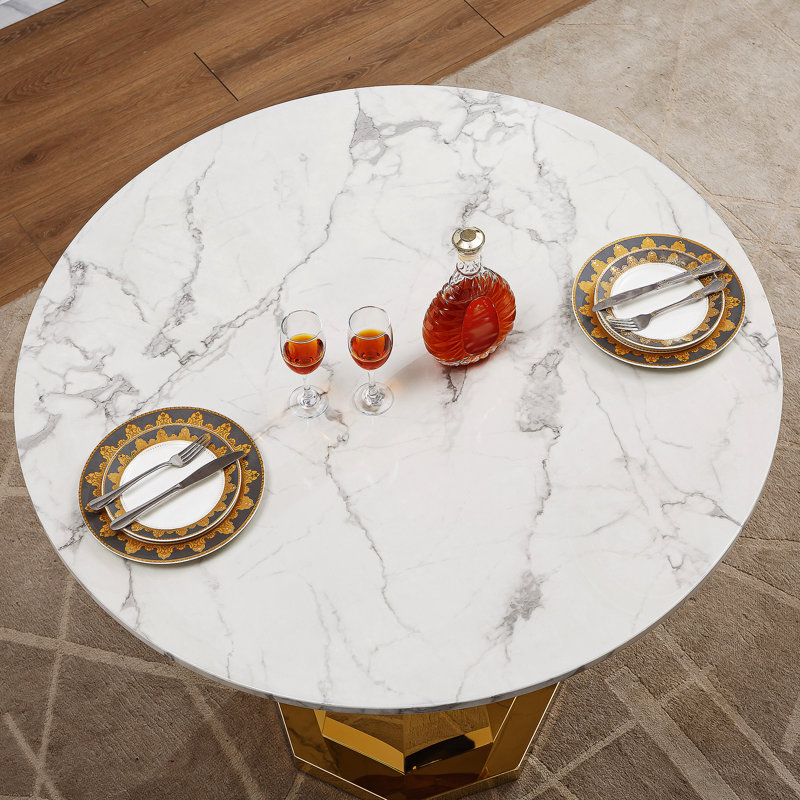 Table de salle à manger ronde en marbre de 47 po, table de cuisine moderne avec plateau en faux marbre ultrabrillant et base en acier inoxydable pour la salle à manger, cuisine (doré, blanc) (table seulement)