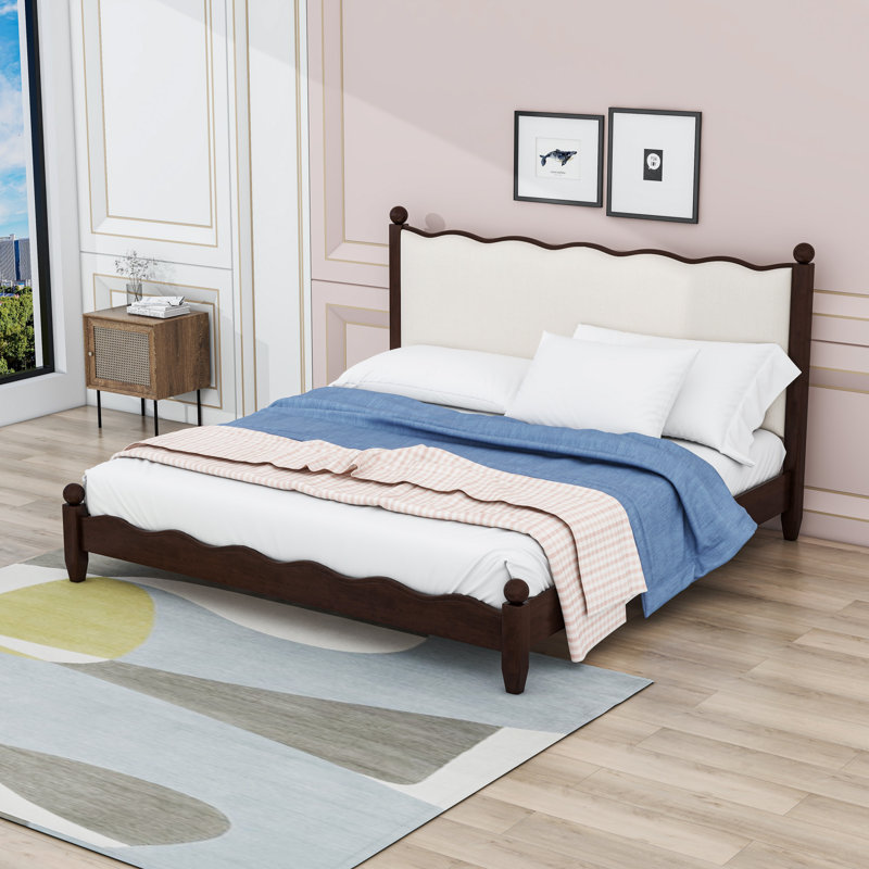 Lit plateforme en bois avec tête de lit tapissier, Très grand lit, Espresso