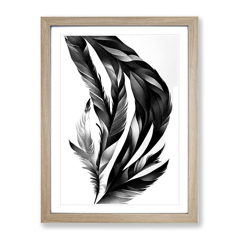 Monochrome Feathers No.2 - Wrapped Canvas Print, 64cm H x 46cm W x 2cm D, Oak Framed