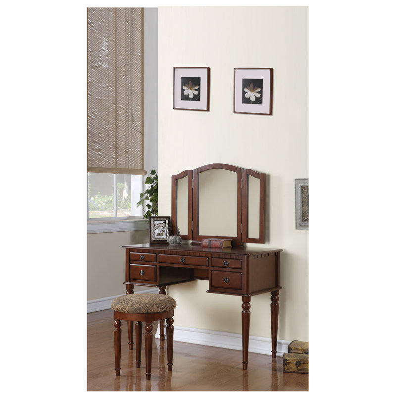 Ensemble de coiffeuse à finition cerisier contemporaine avec miroir pliable à trois volets, tiroirs de rangement et tabouret rembourré