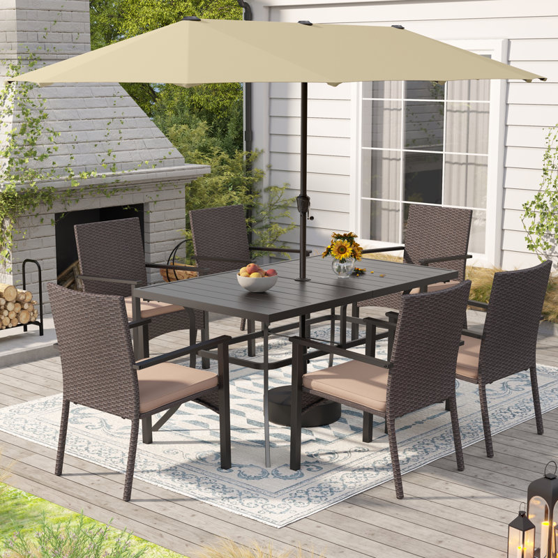 Ensemble de 8 chaises de patio, 6 fauteuils et table rectangulaire, parasol inclus, Beige