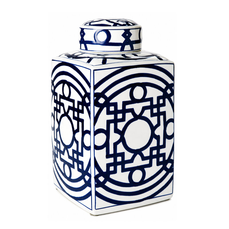Pot à gingembre carré en porcelaine à motif géométrique bleu et blanc, H 15 po