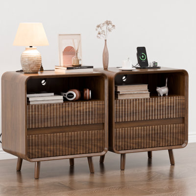 Walnut Nightstands set of 2, 25" Tall Fluted Nightstand with Charging Station, 23.6'' Wide Wood Beds
