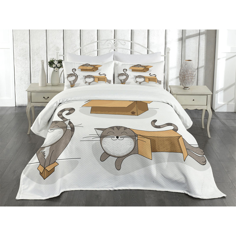King Size Brown Cartoon Cat Bedspread Set