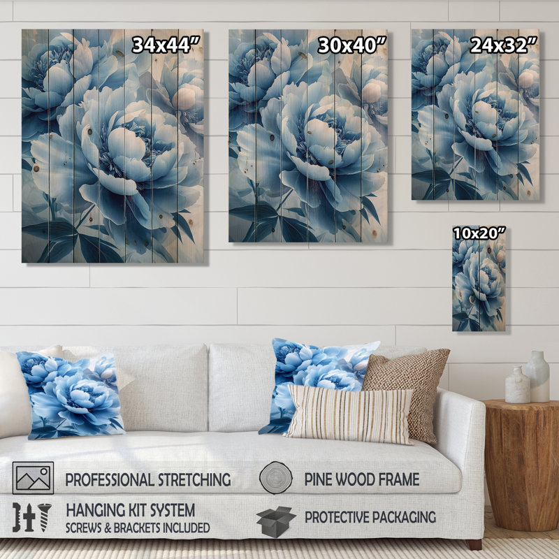 Blue Velvet Peonies Blooms II - Peonies Wood Wall Art - On Natural Pine Wood, 32" H x 24" W x 0.78" D