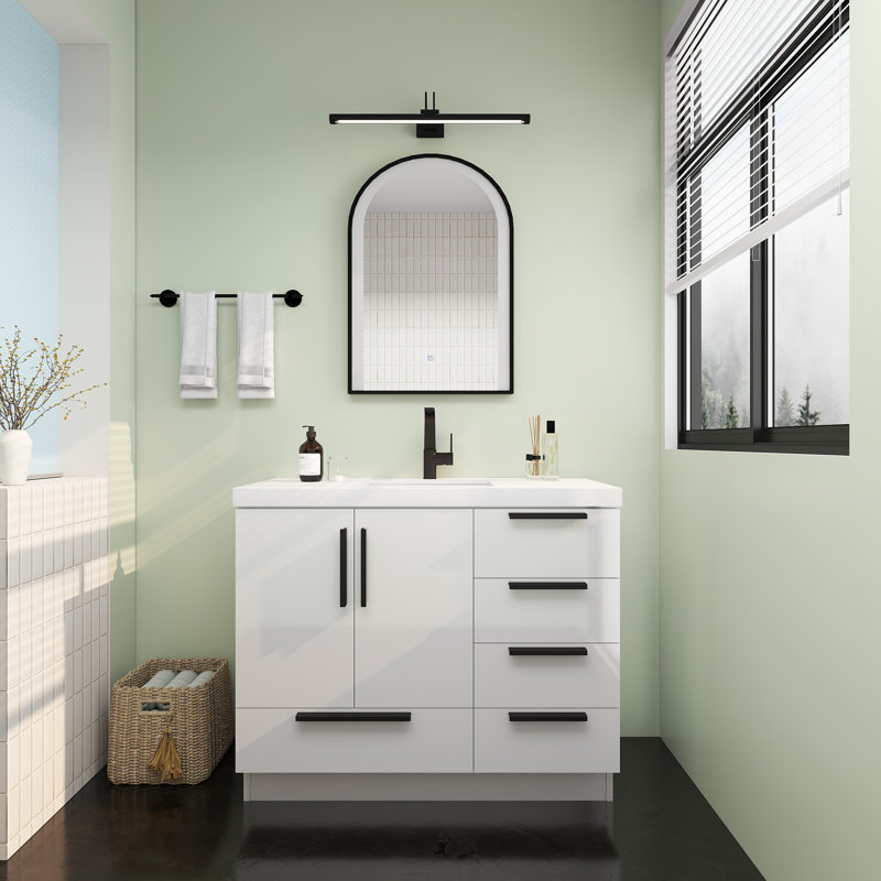 Meuble-lavabo autoportant avec tiroirs à droite Carla, 42", Blanc brillant