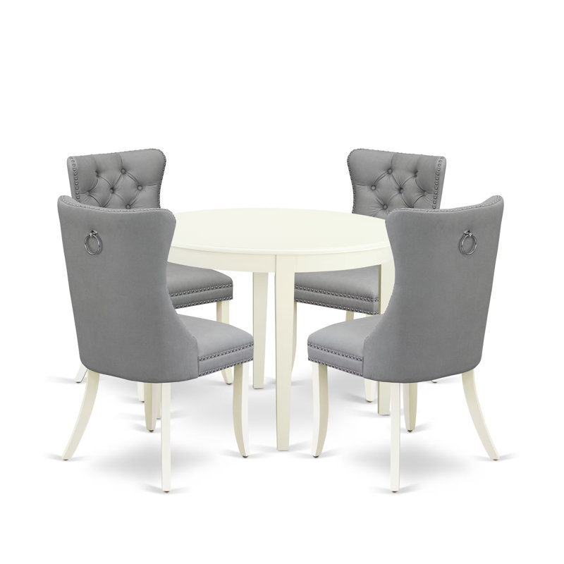 L'ensemble de mobilier de salle à manger 5 pièces comprend une table ronde et 4 chaises Parson rembourrées en tissu de polyester, 42 x 42 pouces, lin blanc