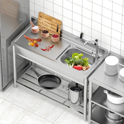 Stainless Steel Utility Sink, Free Standing Single Bowl Sink with Cold and Hot Water Pipe, Commercial Kitchen Utility Sinks for Laundry Room, Bathroom, Garage