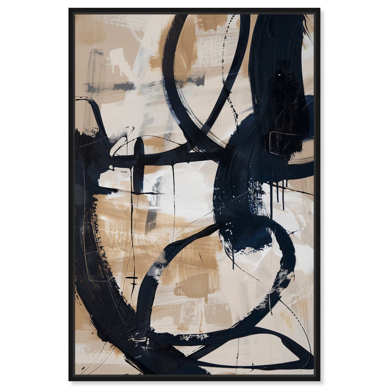 Black and Beige Abstract Canvas Art with Wooden Frame, 25" x 17"