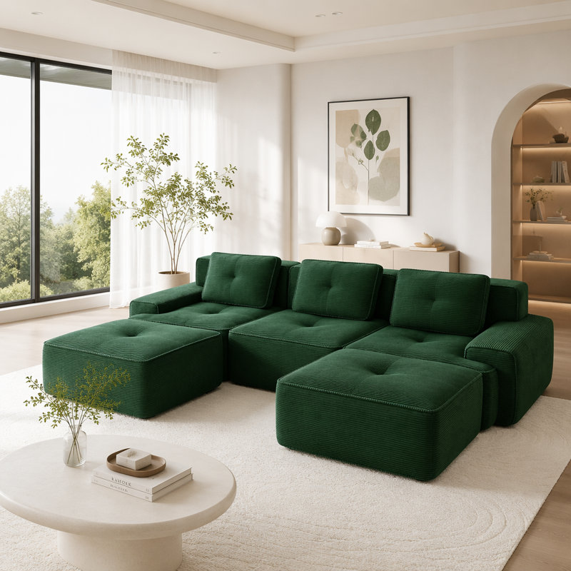 Canapé moderne en velours côtelé, Green -3Seat+2Ottman
