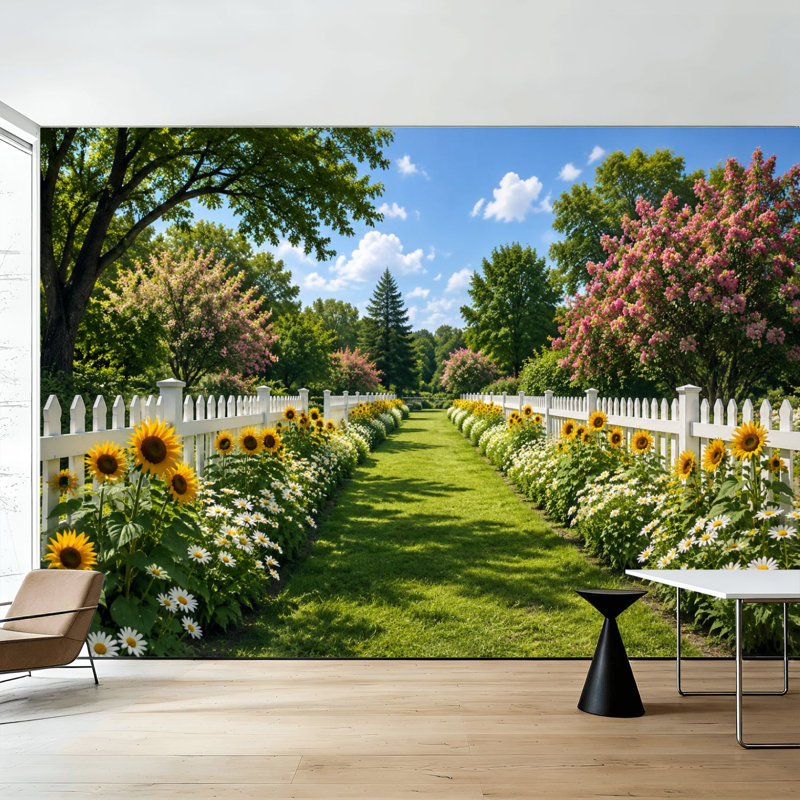 Papier peint adhésif pelez et collez, tournesol, chemin de jardin, clôture blanche, art mural, auto-adhésif et amovible
