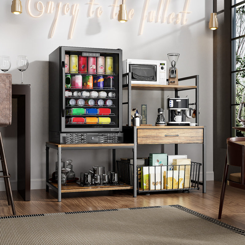 Mini Fridge Stand With Storage, Mini Refrigerator Stand With Power Outlet, Wine Fridge Table With Movable Storage Basket, Heavy Duty Beverage Refrigerator Table For Dorm Home Use (black)