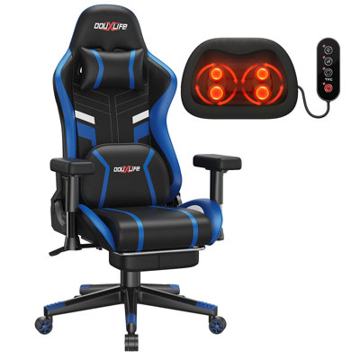 Fauteuil de jeu avec massage chauffant et pétrissant, fauteuil de bureau ergonomique, accoudoirs réglables et rembourrés à 175 °, fauteuil d'ordinateur haut dossier avec repose-pieds, capacité de poids de 400 lb