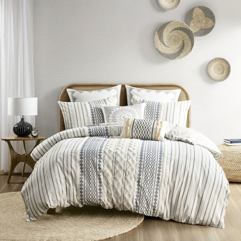 Housse de couette en coton et taies décoratives avec chenille - motifs géométriques imprimés
