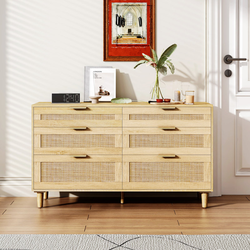 Commode en rotin avec tiroirs et poignée en métal, commode à 6 tiroirs pour la chambre à coucher