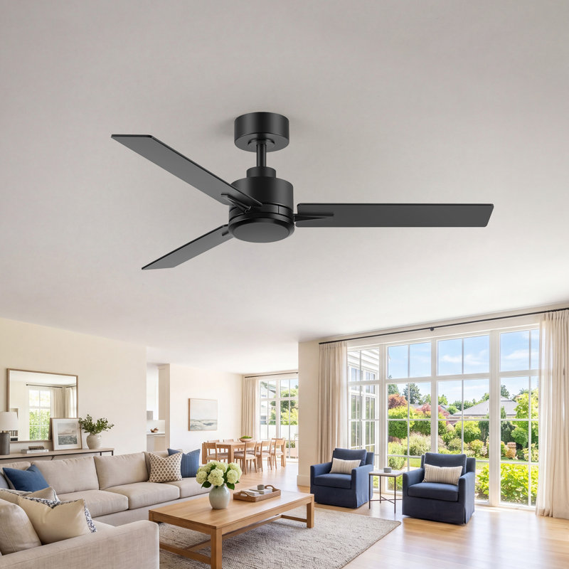 48" Modern Ceiling Fan with Remote, 3-Blade Indoor Ceiling Fan, Quiet Reversible DC Motor, 6-Speed Downrod Mount Fan, Black Finish, Sloped Ceiling Compatible
