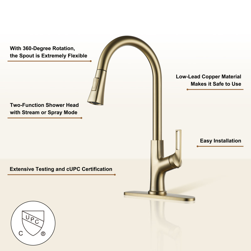 CASAINC Single-Handle Pull-Down Kitchen Faucet Single Hole Faucet with Deck Plate, Brushed Gold