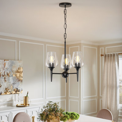 16 Inch Wine Glass Chandelier for Dining Room, 3 Lights Glass and Metal Chandelier, Modern Style Wine Glass Dining Room Light Fixture Over Table, Foyer and Bedroom, with Vintage Wood Interior