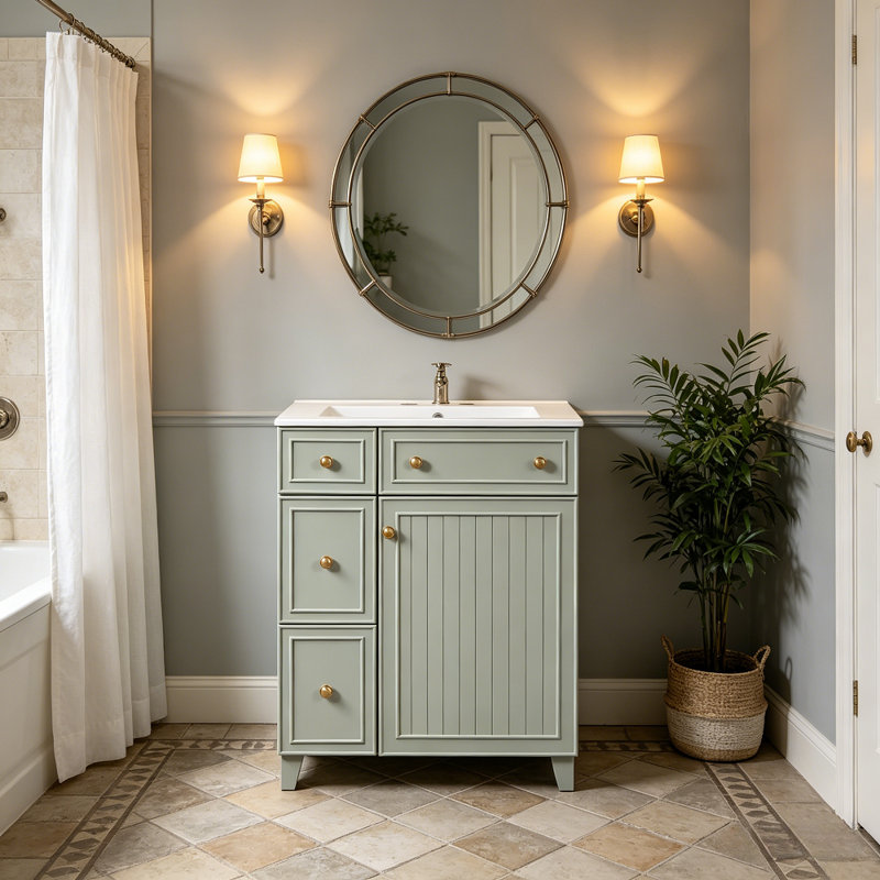 24" Free-Standing Bathroom Vanity With Ceramic Sink & Storage Cabinet, Light Green