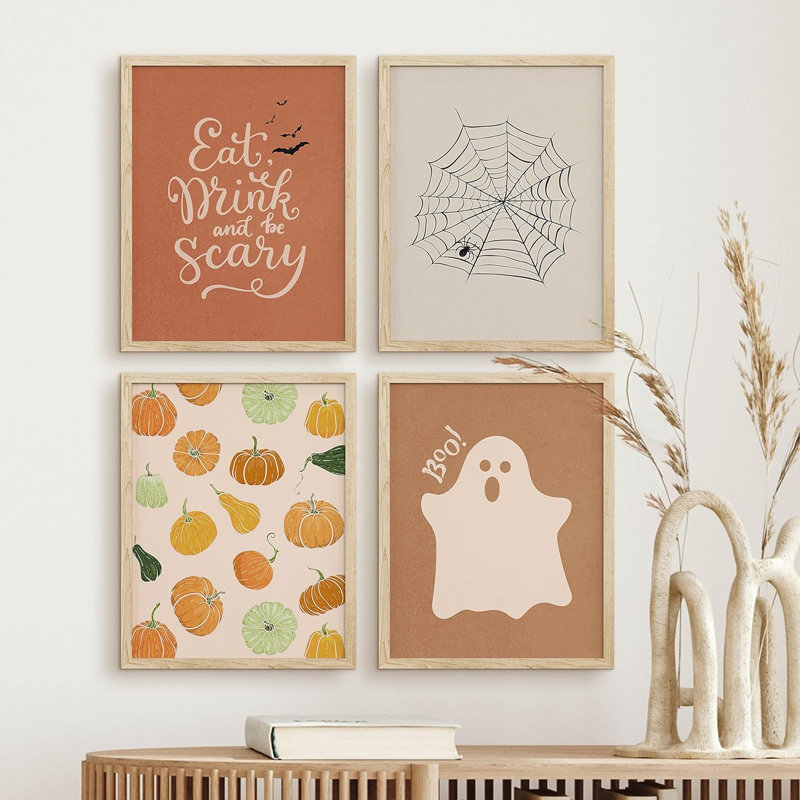 «Spooky Ghost Halloween Pumpkin Harvest Spiderweb», impression sur papier 4 pièces, Naturel, H 10 po x l 8 po