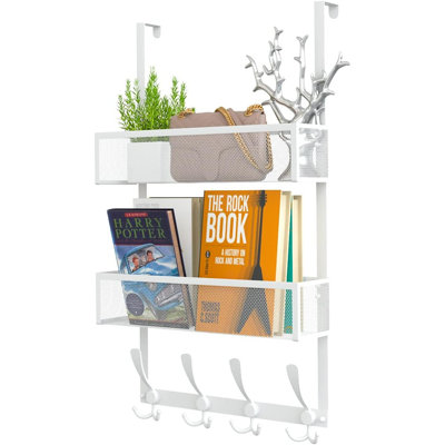 Over The Door Hooks Organizer,coat Rack With 12 Hooks And 2 Mesh Baskets,back Of Door Storage Organizer For Bathroom,bedroom,kitchen,office(white)