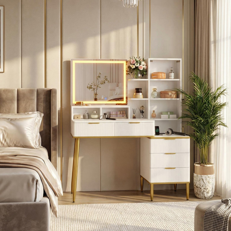 Bureau de maquillage avec miroir et prise de courant, coiffeuse moderne avec 5 tiroirs et tablette de rangement, coiffeuse pour femmes filles, blanc