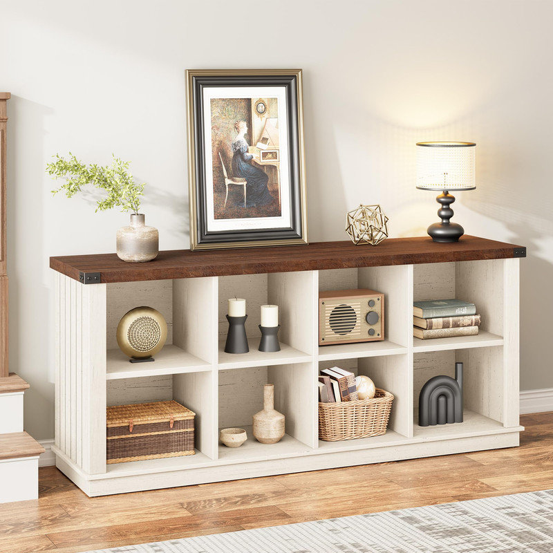 8 Cube Storage Organizer Bookshelf, 3 Tier Farmhouse Horizontal Bookcase, 62 Inch Wood Storage Bookcase for Entryway, Long Low Bookshelves for Living