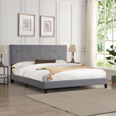 Structure de lit plateforme très grand, rembourrée avec un tissu en lin à boutons, gris, aucun sommier tapissier requis, support à lattes de bois, fabrication facile à assembler