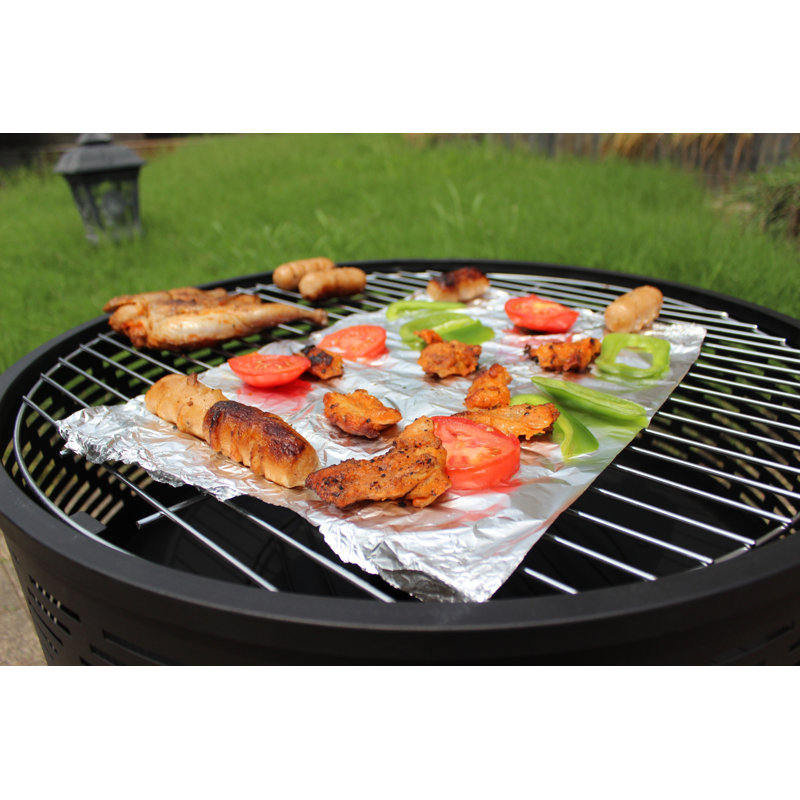 Outdoor Fire Pit with Grill, Fire Pit Table with Lid, Oak/Black, 17" H x 26" W x 26" D