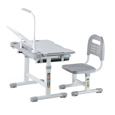 Ensemble bureau et chaise pour enfants, avec lampe de bureau, hauteur réglable et plateau inclinable de 0 à 40°. Parfait pour la chambre ou le bureau.