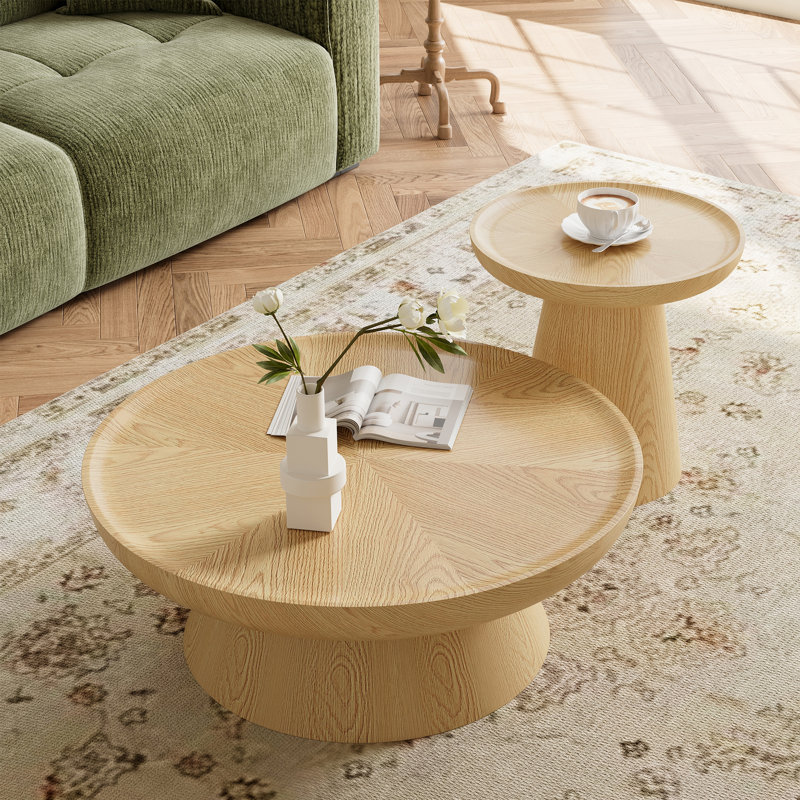 Table basse ronde en noyer rustique 35,43 po avec base conique épaisse, aucun assemblage requis, Naturel