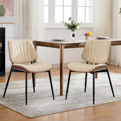 Set of 2 Mid-Century Modern PU Leather Dining Chairs with Walnut Bentwood Back & Metal Legs, Adjustable Feet for Kitchen, Dining Room
