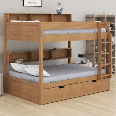 Lit superposé fonctionnel en bois avec lit gigogne et tablettes de rangement