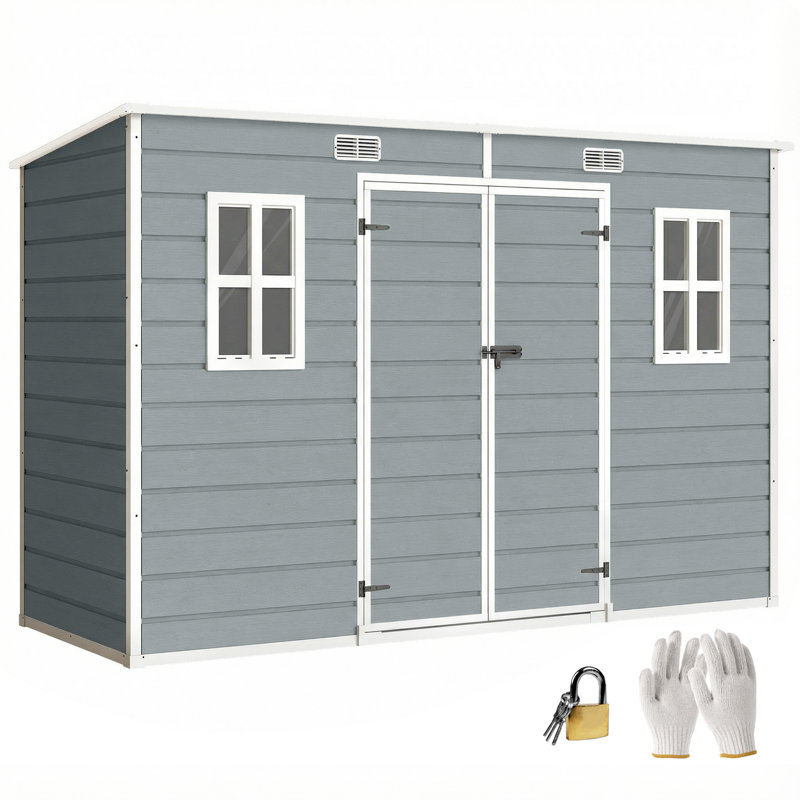 Outsunny 10 x 4 ft Plastic Garden Shed, Outdoor Storage Resin Shed with Floor, Double Windows, Lockable Doors and Vents, for Tools, Bike