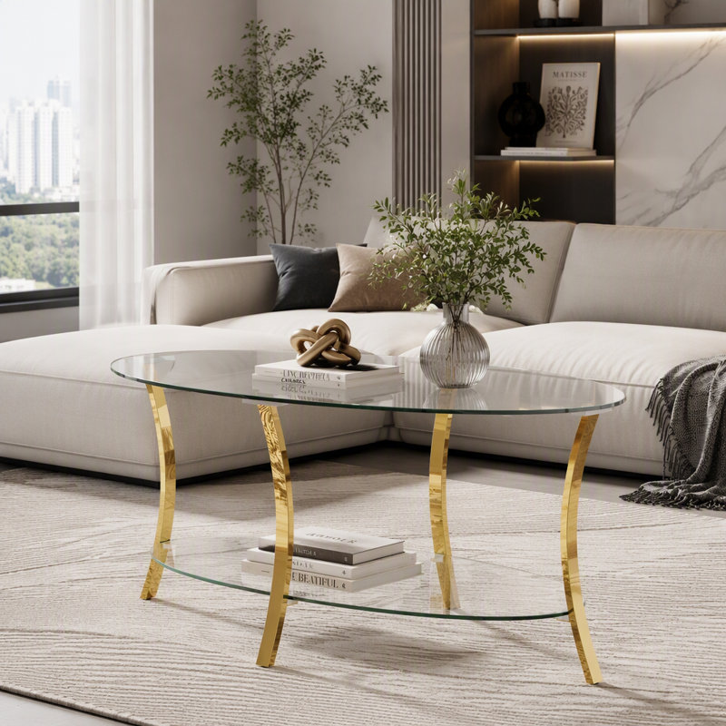 Table basse 43,3 po moderne en verre ovale avec pieds en métal, verre trempé transparent, rangement à double couche de verre