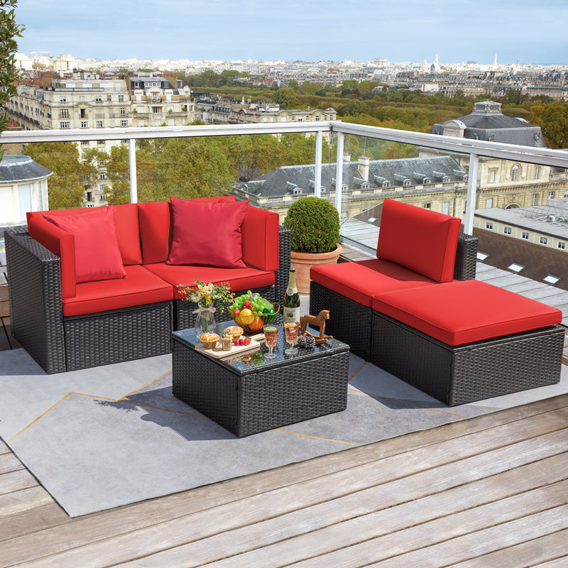 Ensemble de conversation modulaire en rotin avec coussins 5 pièces Huang, Rouge, Brun