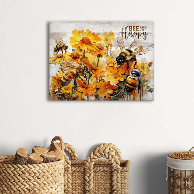Yellow Daisy Wall Art Bee Wall Decor Bee Happy Sign Flower Kitchen Pictures Wall Decor Farmhouse., 40 cm H x 60 cm W