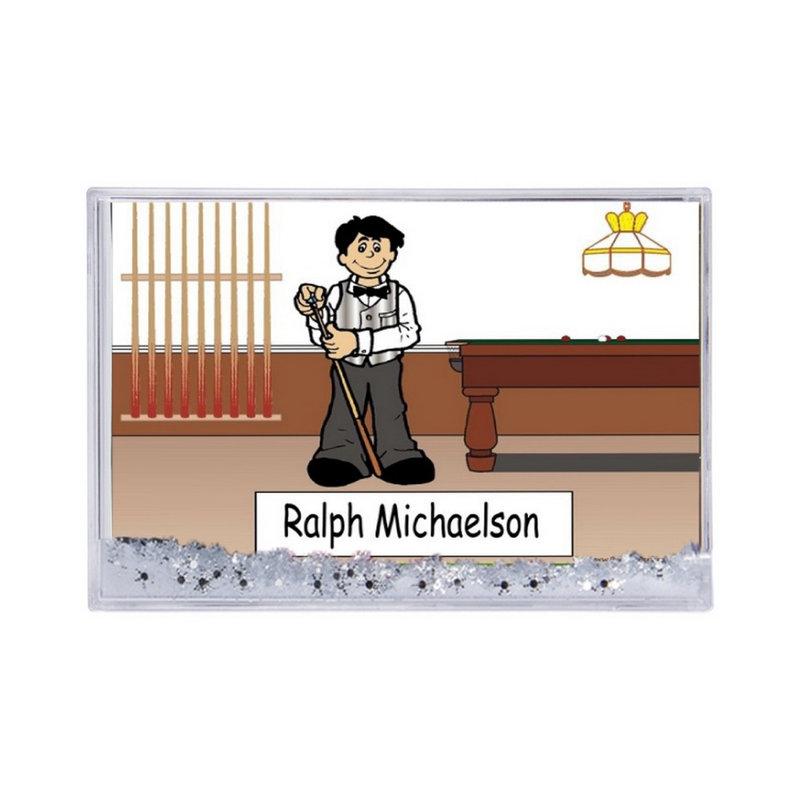 Personalized Pool Player, Billiards - Male MINI Snow Globe Frame Gift  2.5" x 3.75", Yes, 2.5" H x 3.75" W x 1" D