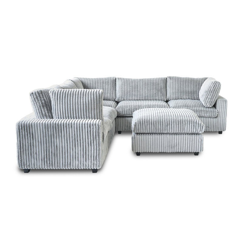 6 - Piece Upholstered Sectional With Ottoman, Gray Faux Fur