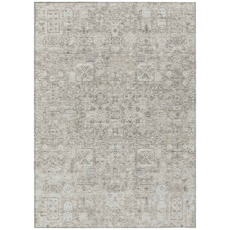 Tapis extérieur lavable floral beige et gris taupe 9 pi x 12 pi