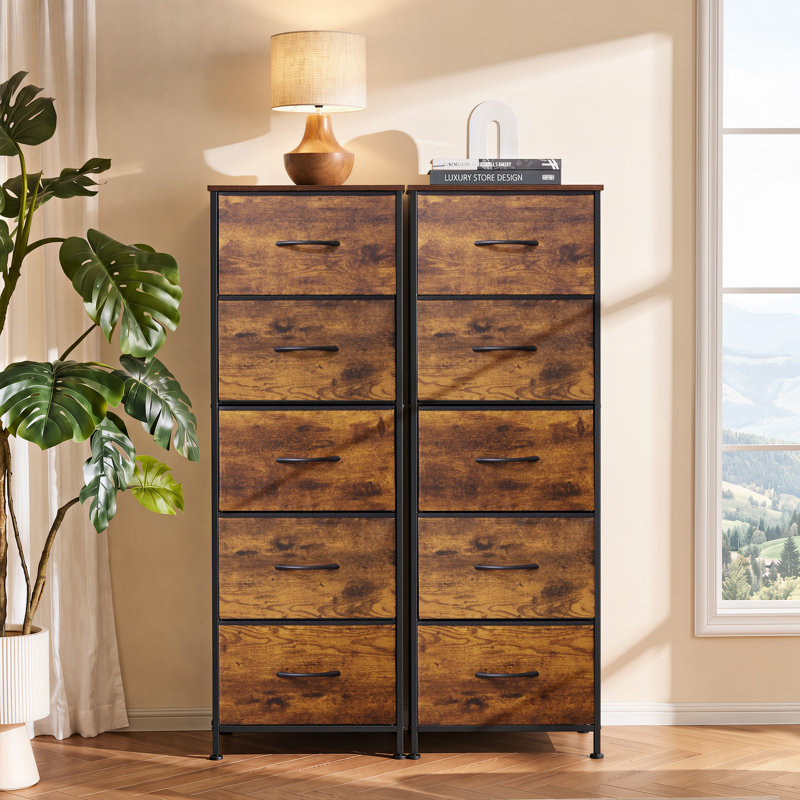 Commode brune à 5 tiroirs avec plateau en bois Ojaswi pour chambre à coucher, commode avec structure en acier Strudy pour petit espace, tour de rangement pour placard, couloir