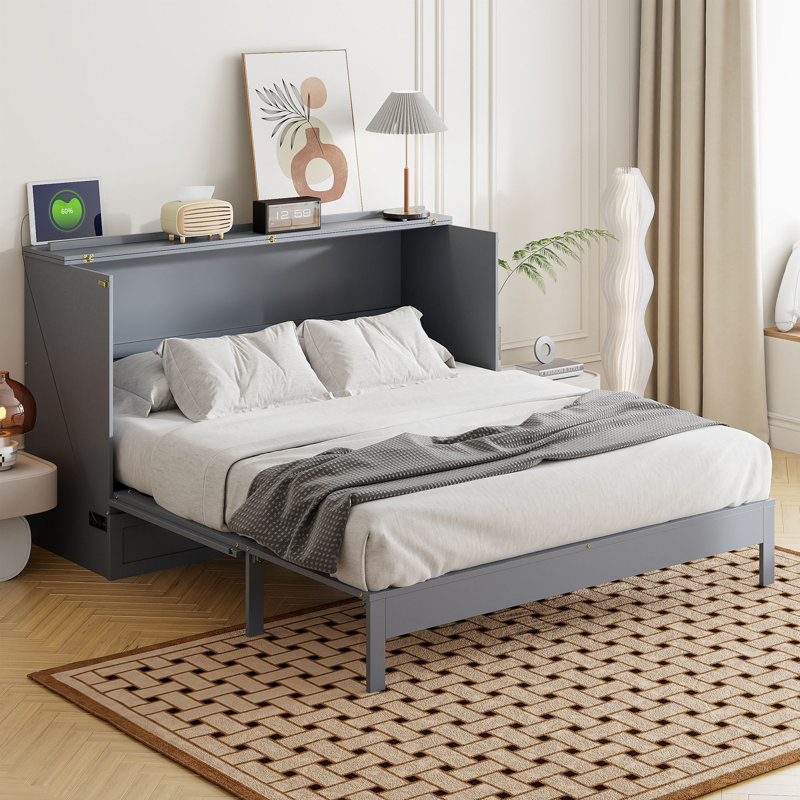 Lit escamotable avec grands tiroirs Murphy, Gris, Grand lit