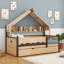 Lit en bois en forme de maison avec lit gigogne simple et bibliothèque-1379101193-1379101192