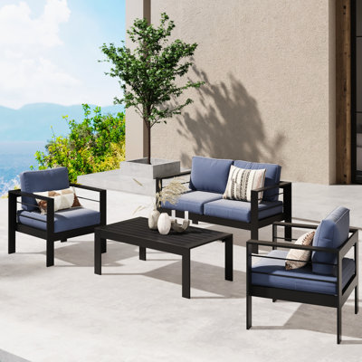All-weather Outdoor - Blue: Metal Aluminum Patio With Soft Cushion. Construction, To Harsh Elements. 5" Thick High Sponge Cushions. Fabric Cover. Easy Assemble And Clean. 26" D X 50" W 32" H Blue