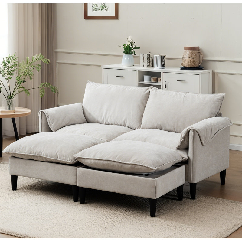 Canapé convertible en U à 2 places avec tabourets de rangement, Beige