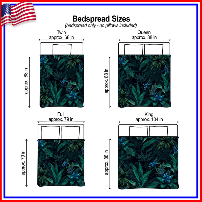 Tropical Greenery Pattern Quilted Bedspread All Sizes, Full / Double