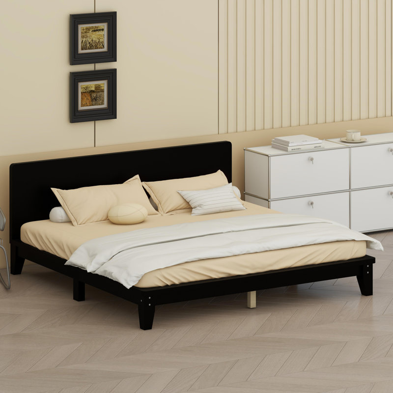 Base de lit plateforme moderne avec tête de lit intégrée et support à lattes, Noir
