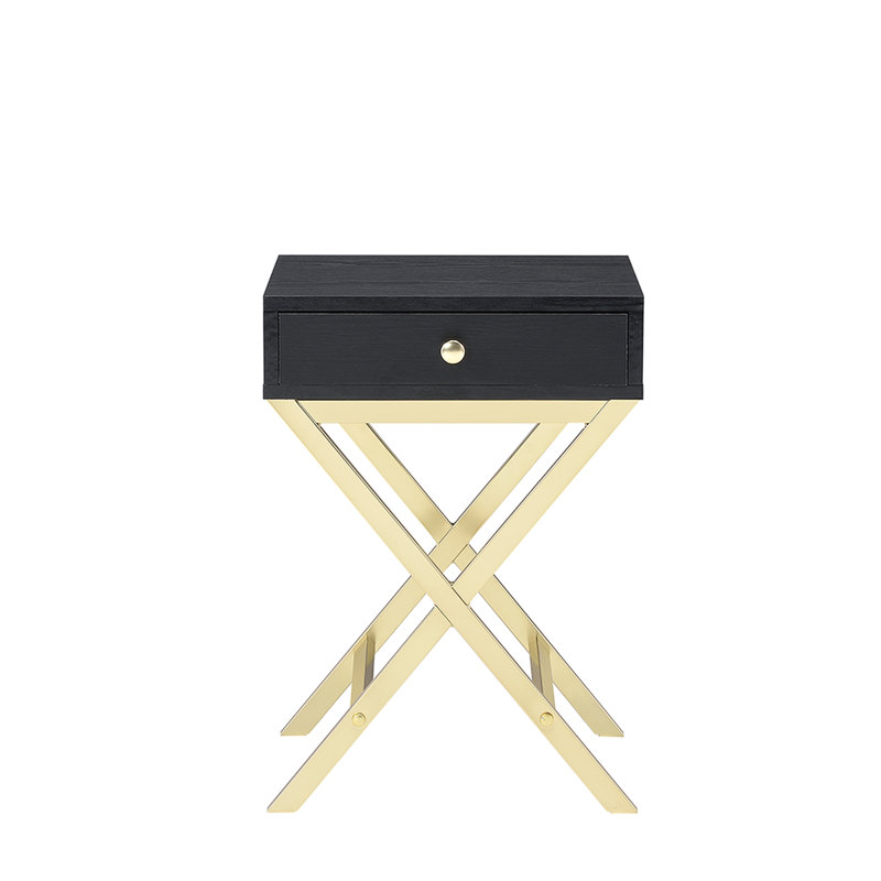 Table d'appoint rectangulaire en noir et laiton, avec 1 tiroir et une base à tréteaux en métal, finition laiton